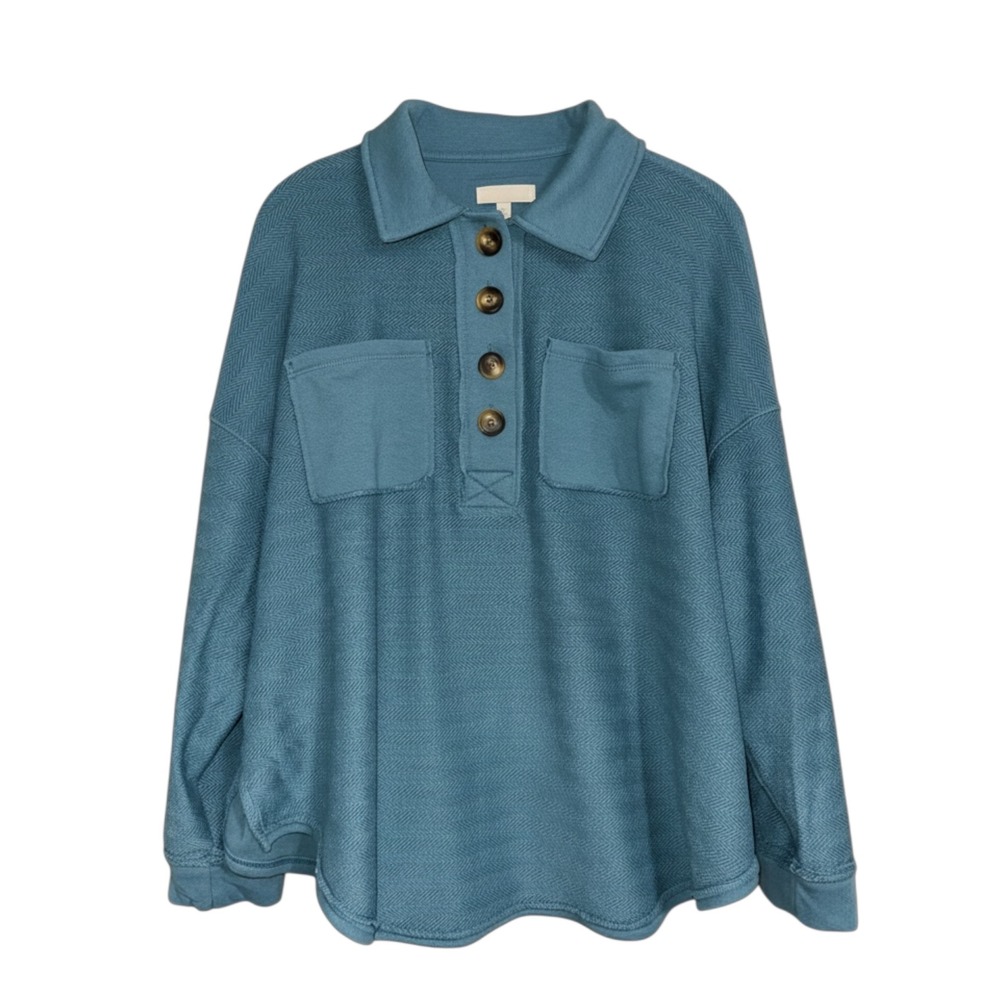 American Eagle Teal Herringbone Henley Popover Sweater DF557MFL Womens Small